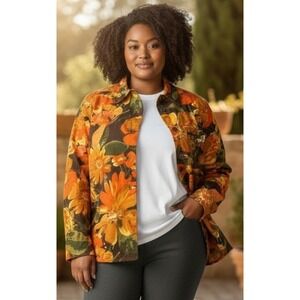 Gaudy Couture Women's M Floral Print Jacket Button Front Beaded Detail Orange